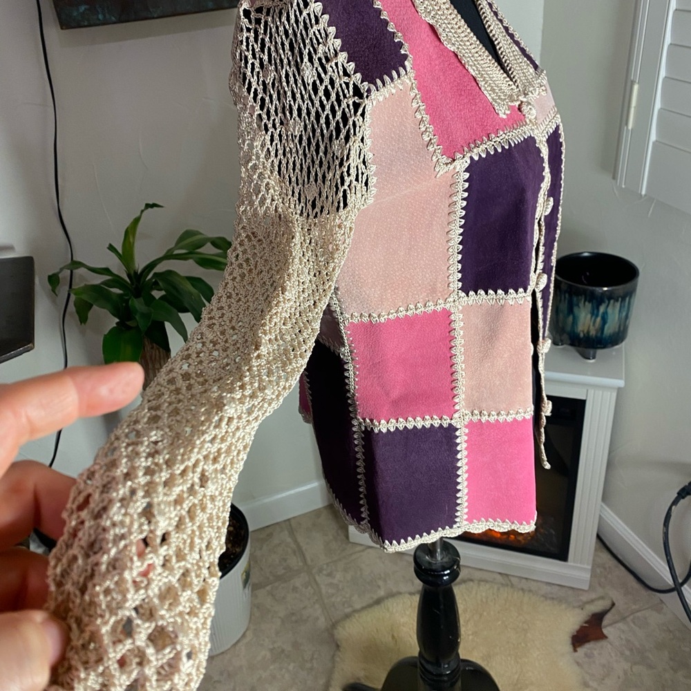 Colorful Patchwork Suede Jacket- Vintage-Kroshetta Papillon, with Crochet Trim - Picture 6 of 8